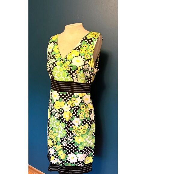 Vintage dBy Ltd Dress Womens Med Green Yellow Graphic Empire Waist - Picture 3 of 16